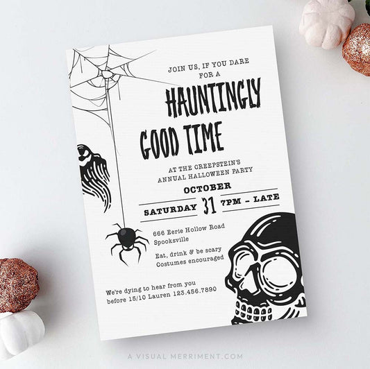 A Halloween party invitation card with black text and spooky illustrations, styled on a white surface with decorative pumpkins around it.