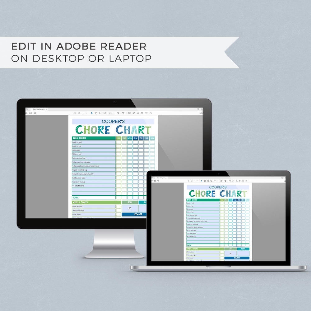 blue & green editable printable chore chart pdf on computer and laptop screens