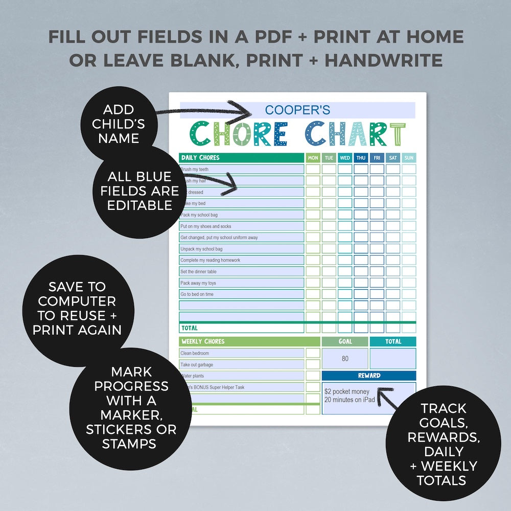 fields to edit on blue & green editable printable chore chart