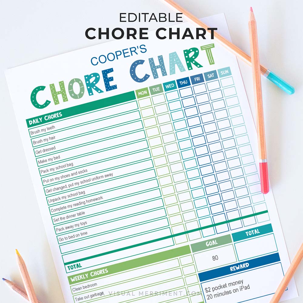 blue & green editable printable chore chart with daily and weekly chores