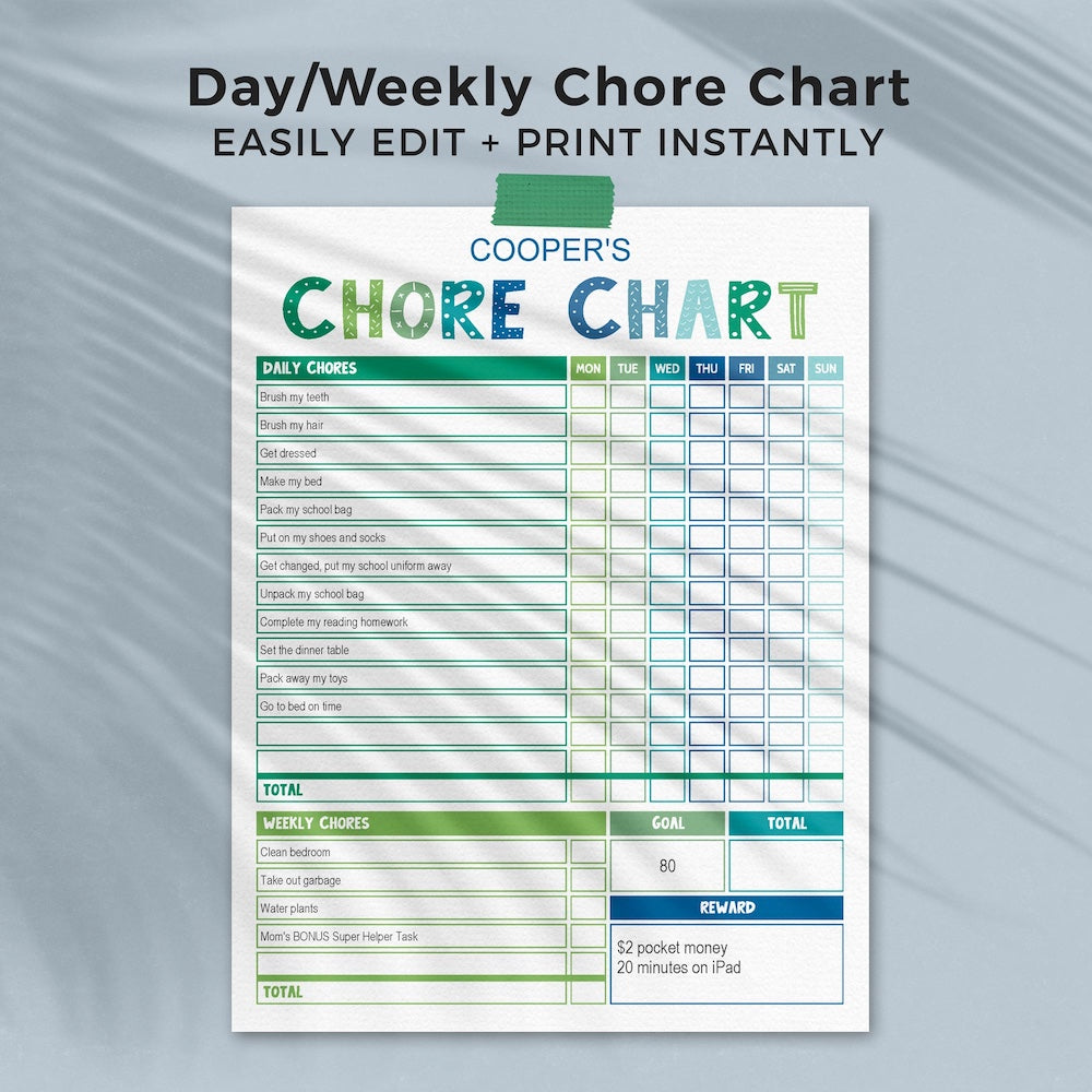 blue & green editable printable chore chart page with daily and weekly chores
