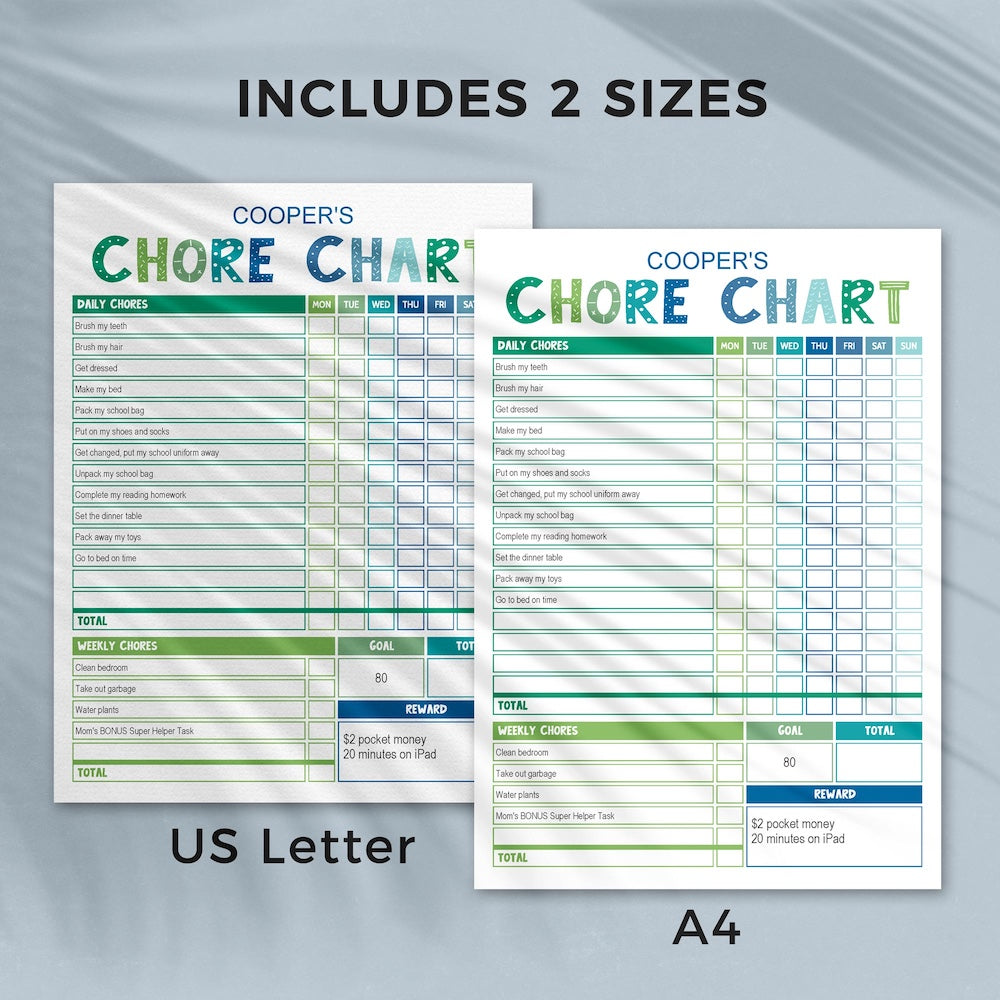 blue & green editable printable chore chart  in 2 sizes US and A4