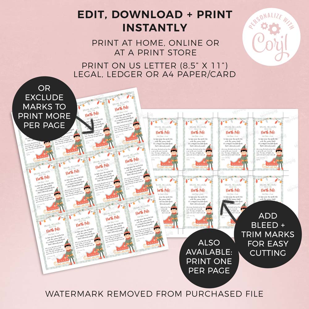 2 sheets of printed christmas elf chocolate bomb tags with features