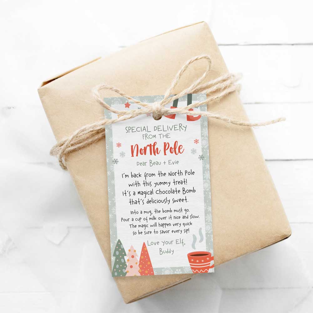 editable christmas elf hot chocolate bomb instructions gift tag on wrapped gift