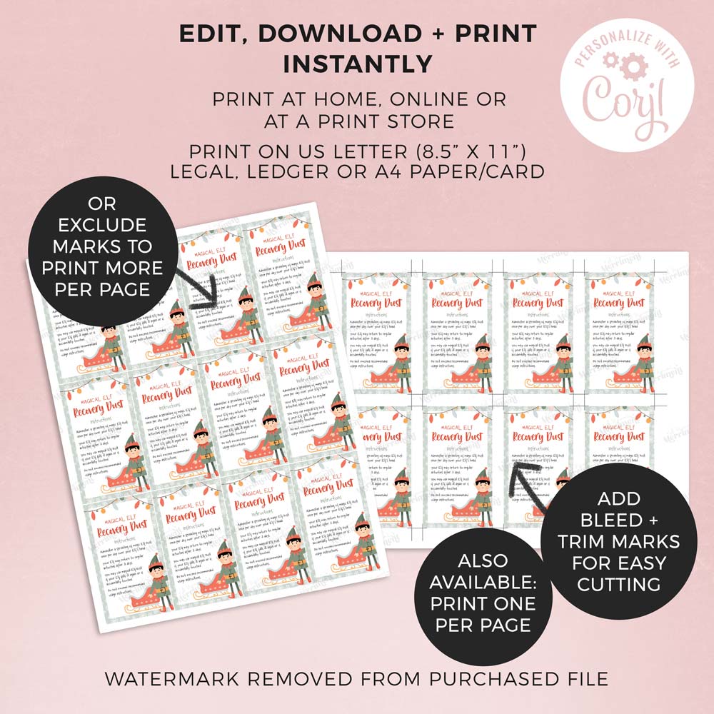 2 sheets of printed christmas elf recovery dust tags with features