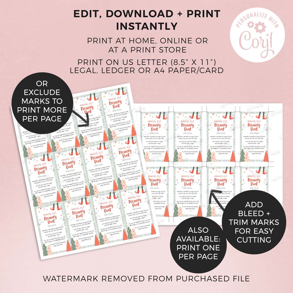 2 sheets of printed christmas elf recovery dust tags with features and instructions