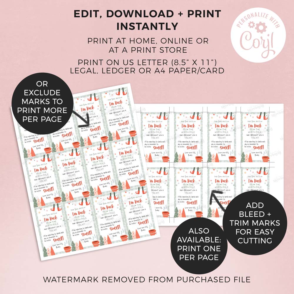2 sheets of printed christmas elf i'm back tags with features