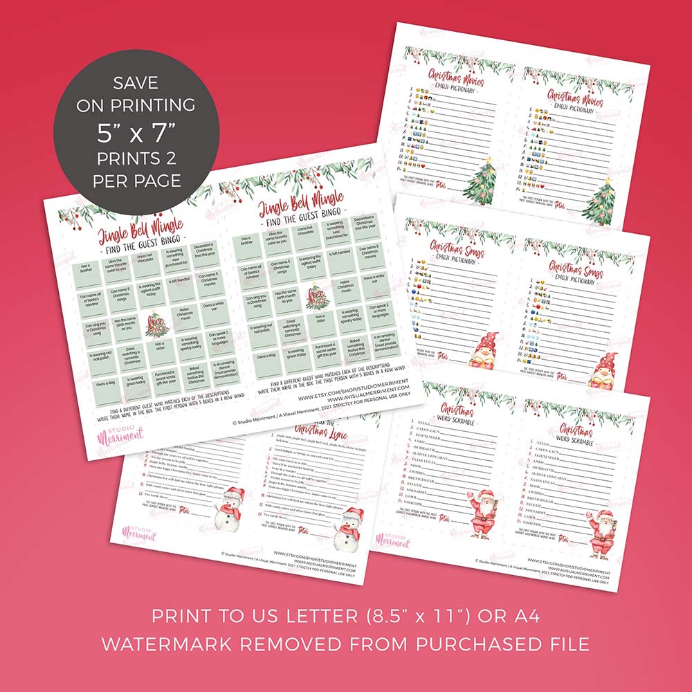 printable christmas games pages splayed out with printing information