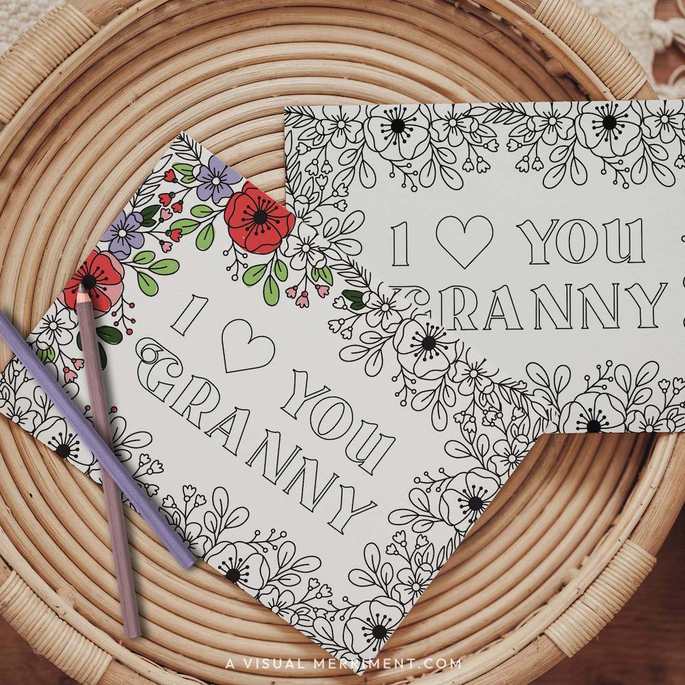 Half colored I love you Granny grandparents day coloring card with pencils on table