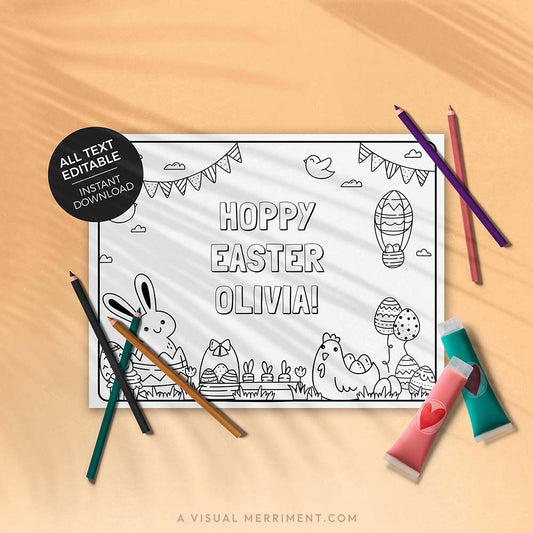 printable easter coloring page with easter elements and text surrounded paints and pencils