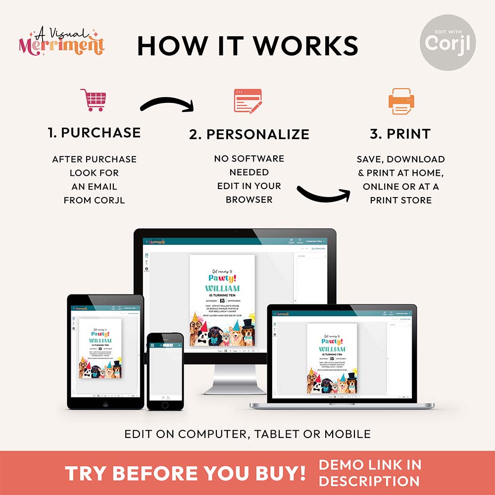 Step-by-step guide on how to purchase and edit invitation template with Corjl, shown on various devices.
