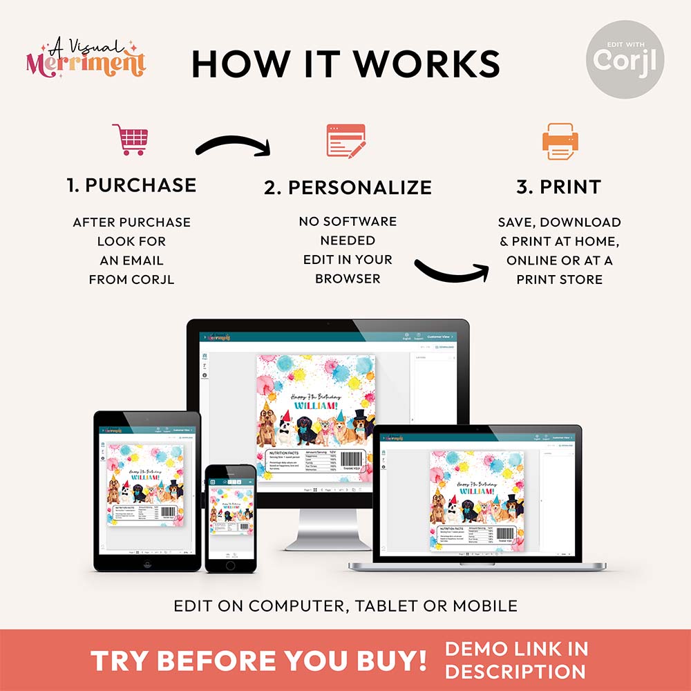 Step-by-step guide on how to purchase and edit custom chocolate wrappers with Corjl, shown on various devices.