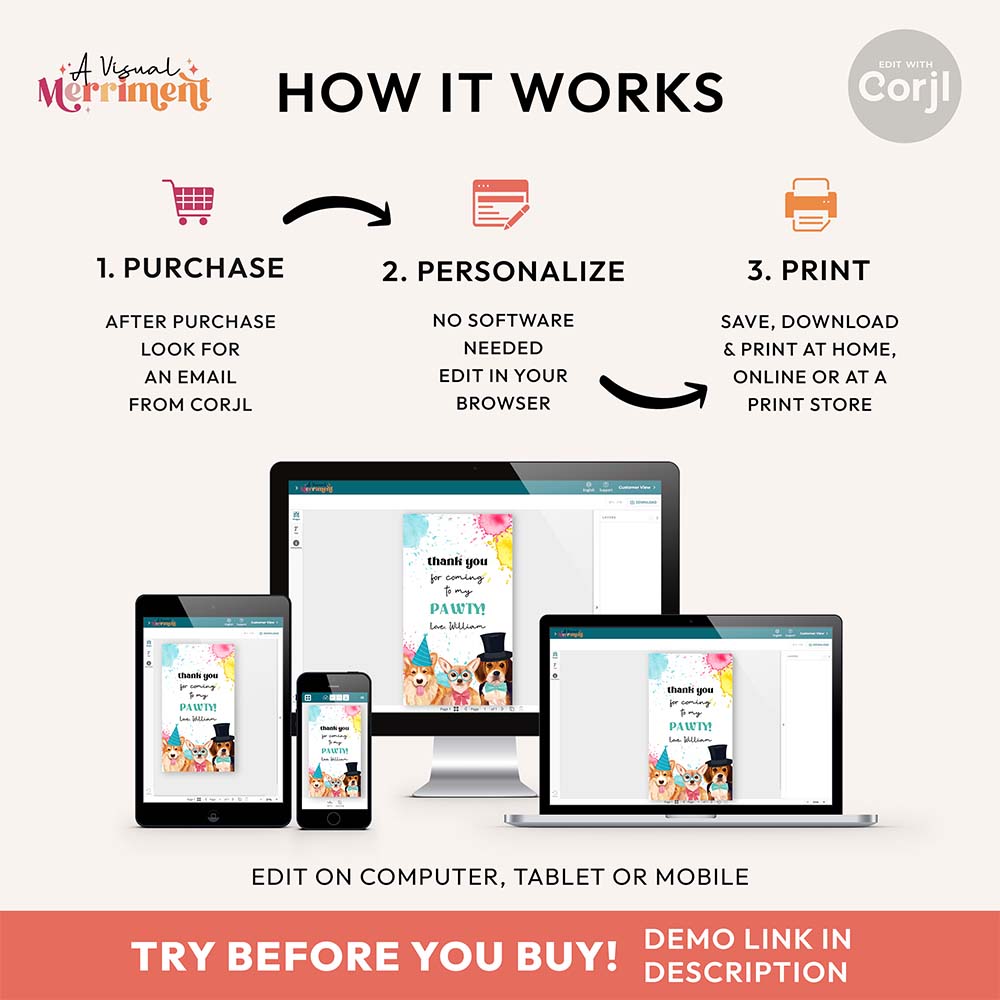 Step-by-step guide on how to purchase and edit custom gift tags with Corjl, shown on various devices.