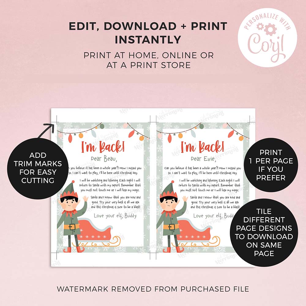 2 printed I'm Back christmas elf letters with instructions