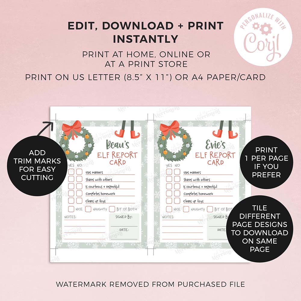 2 printed christmas elf report cards with editing instructions