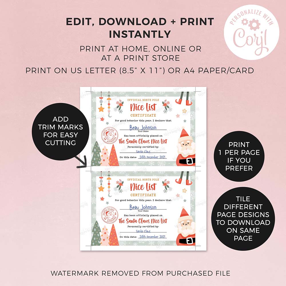 2 printed santa claus nice lists with editing and printing instructions