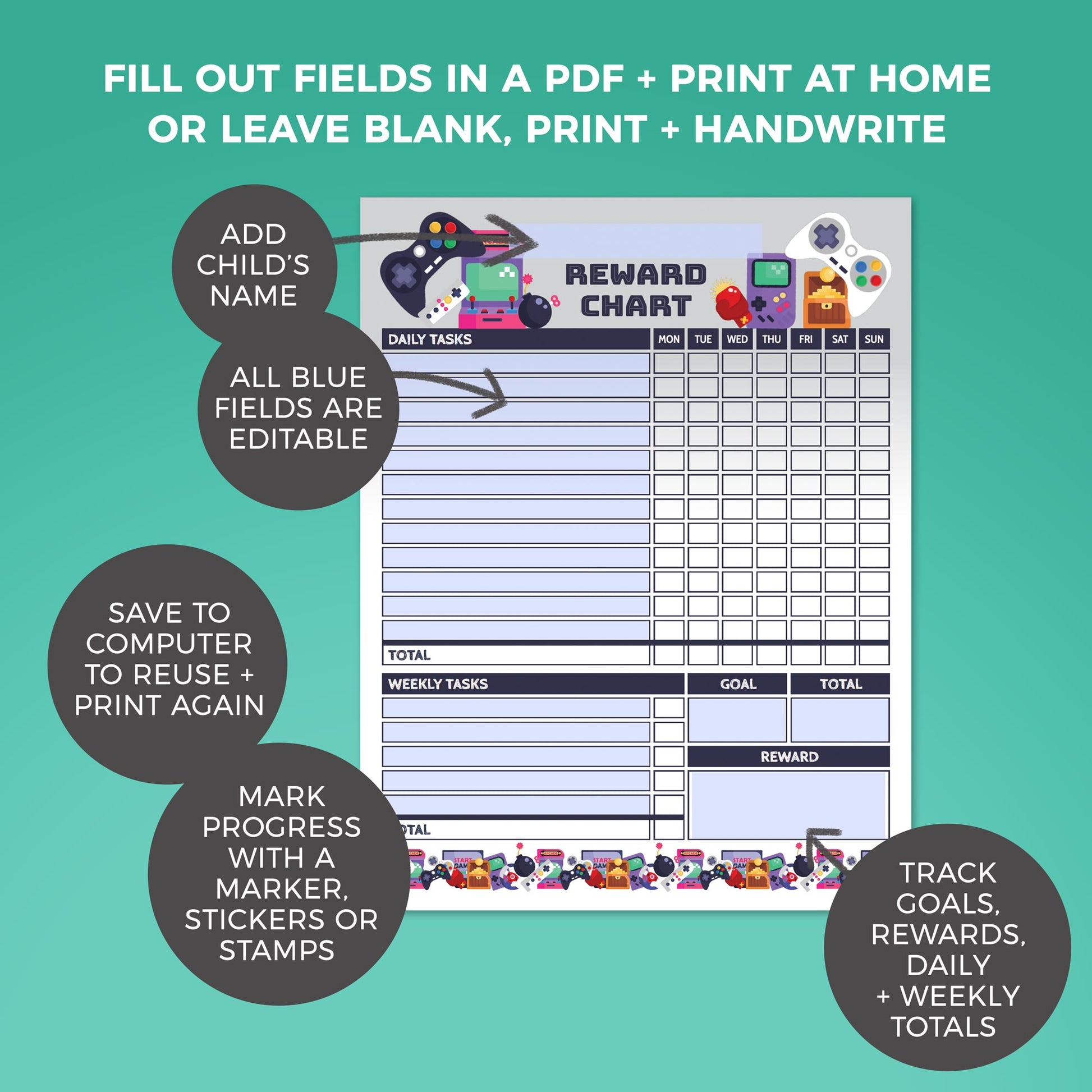 fields to edit in retro arcade gamer editable printable reward chart