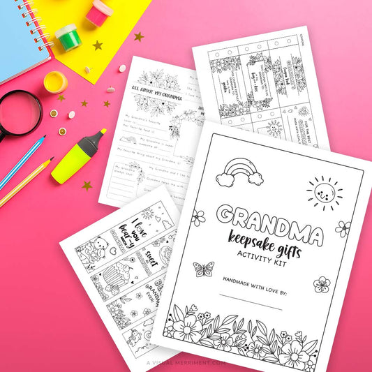Several Grandma coloring keepsake gifts pages with colorful stationery supplies