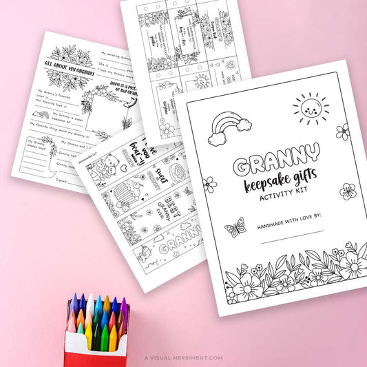 Several Granny coloring keepsake gifts pages with box of crayons