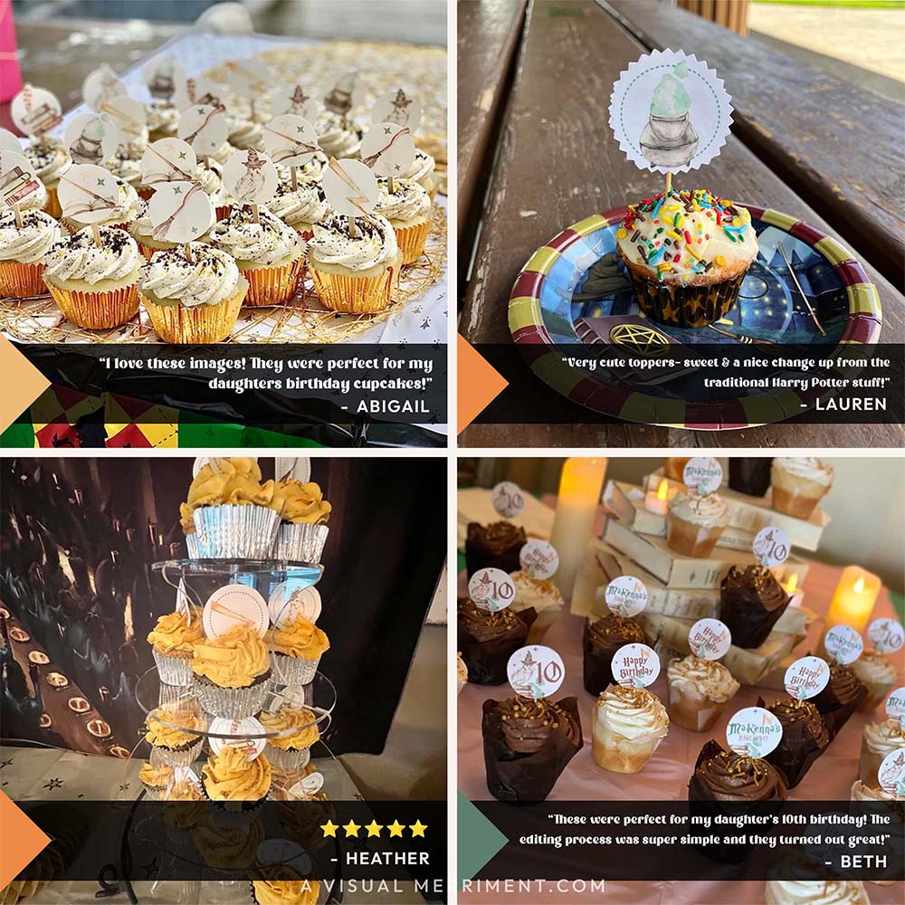 review collage of magic wizard school cupcake toppers with cupcakes for a harry potter party style