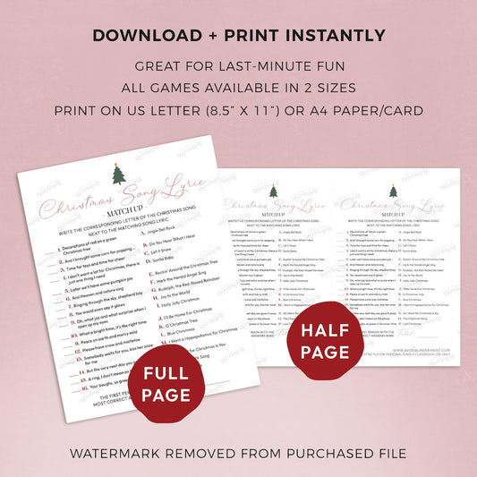 Printable Christmas Song Lyric game sheets on a pink background with text about download and print options.