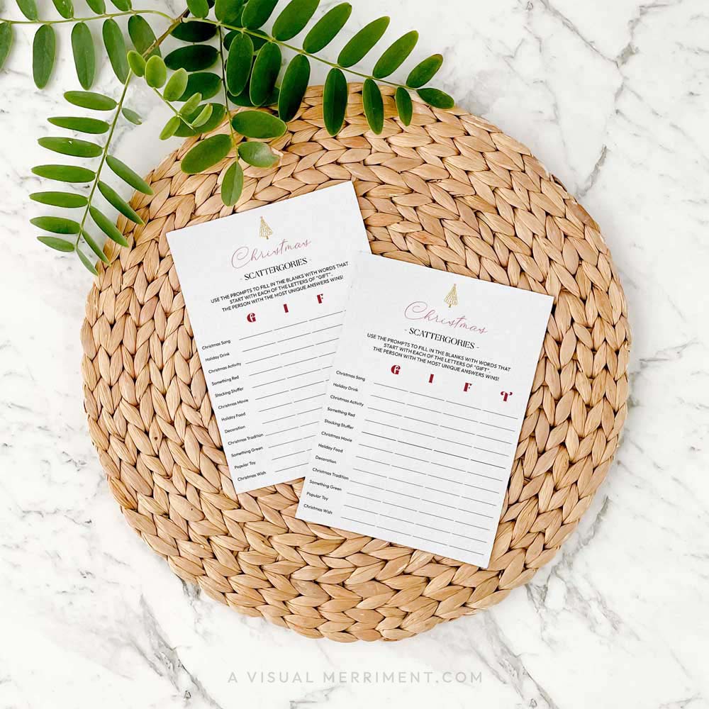 2 christmas GIFT scattergories printable christmas game pages on seagrass mat