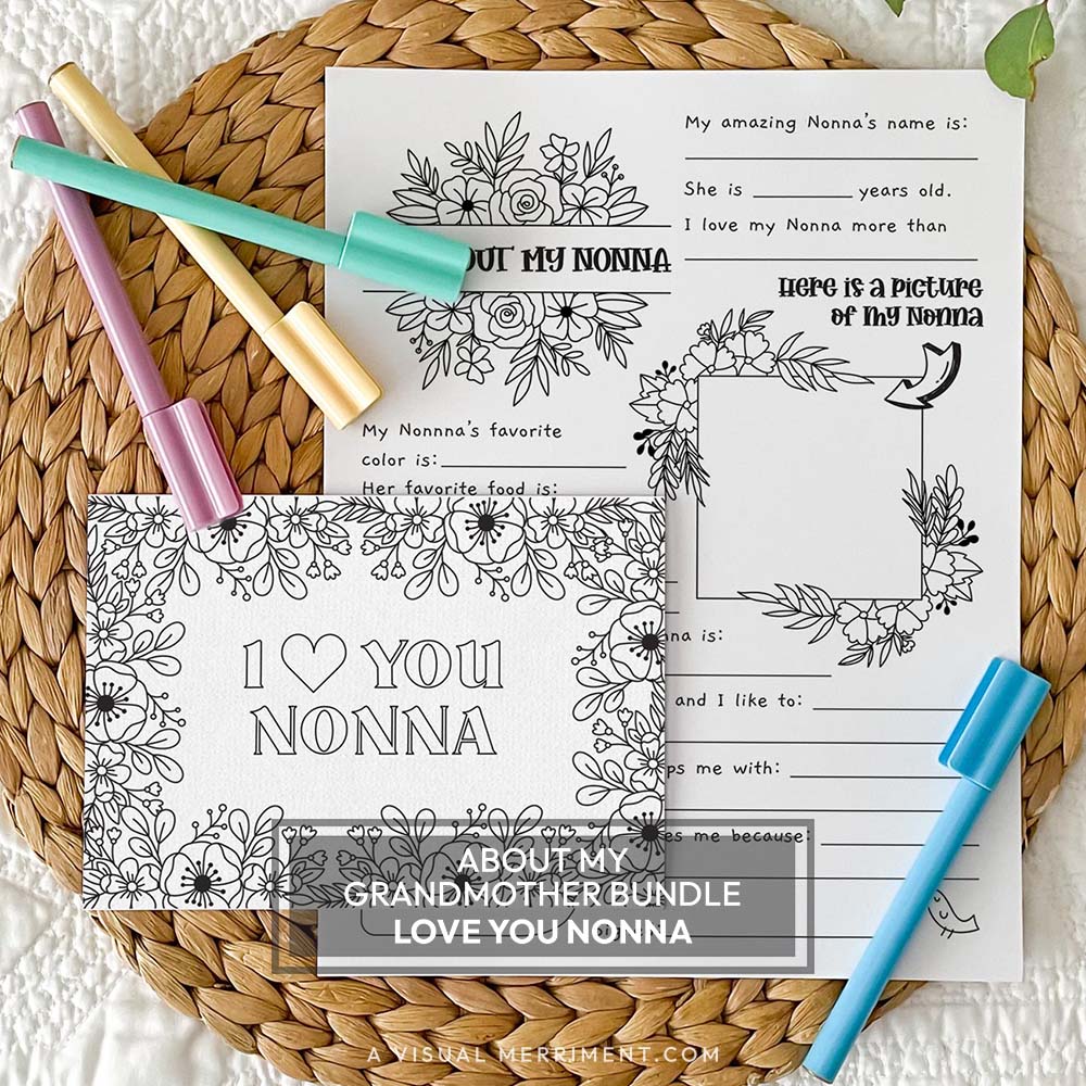 I love you Nonna coloring greeting card with all about my Nonna page on a mat with marker pens