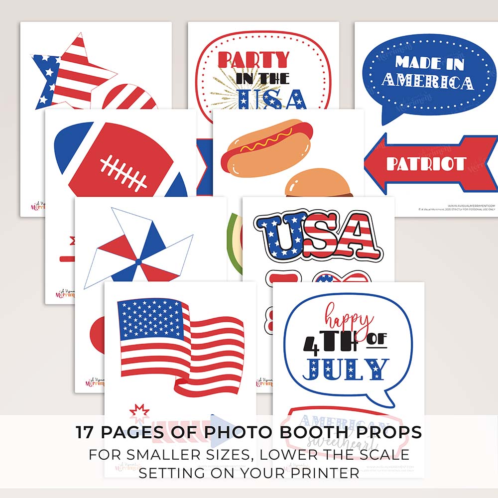 9 pages of Printable 4th of July Photo Booth Props in patriotic elements