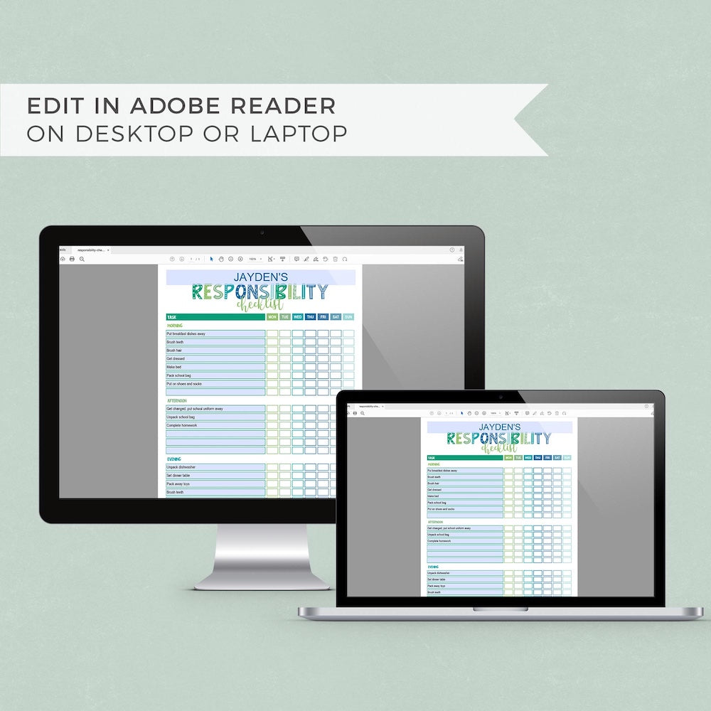 blue and green responsibility checklist pdfs on computer and laptop screens