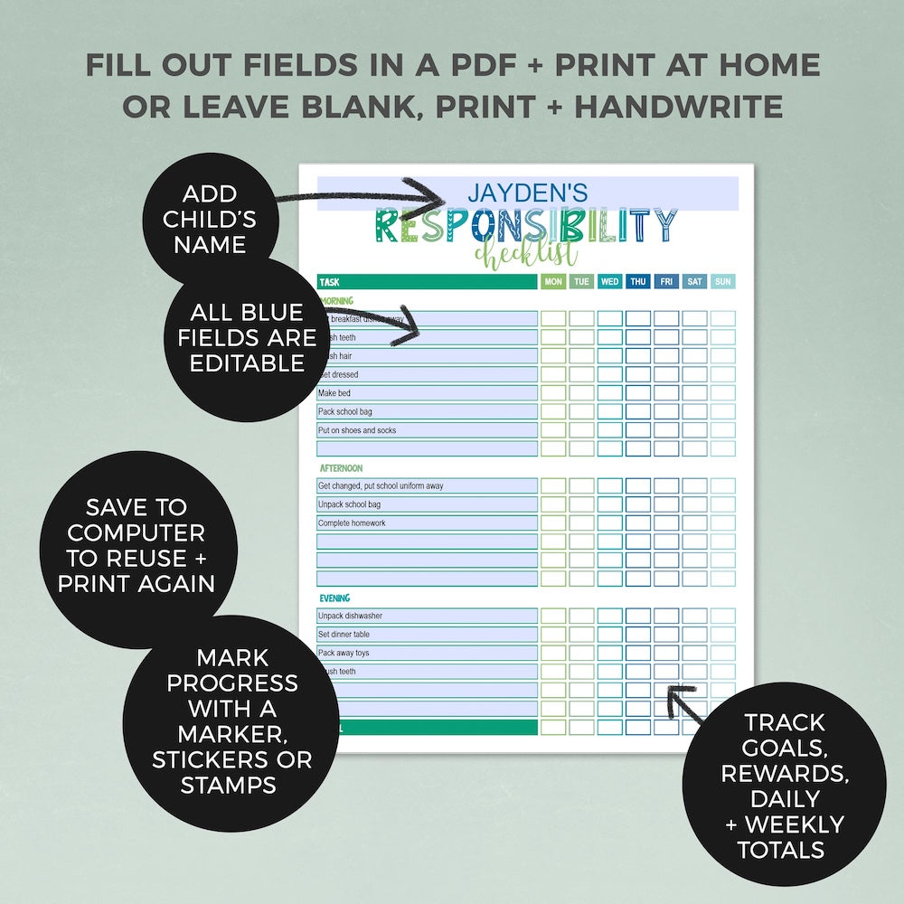 fields to edit printable blue and green responsibility checklist page