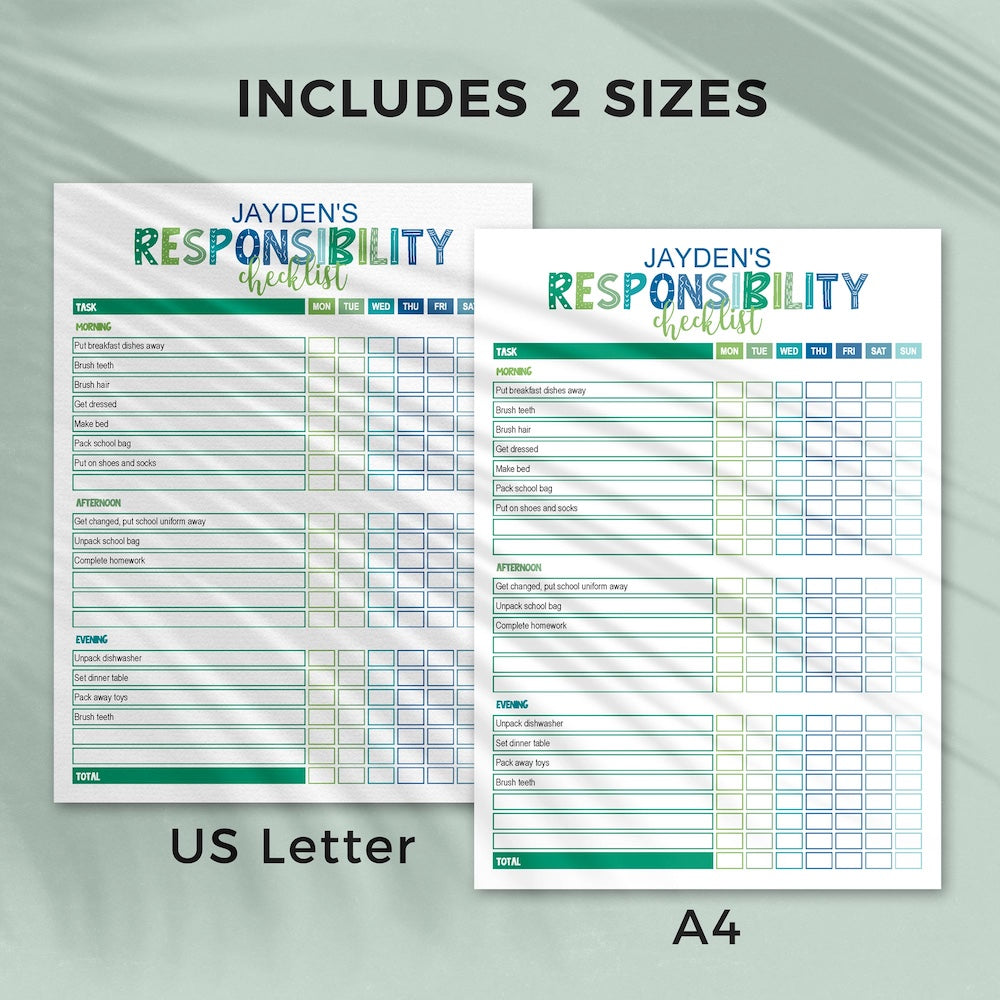 printable blue and green responsibility checklist page 2 pages US letter and A4