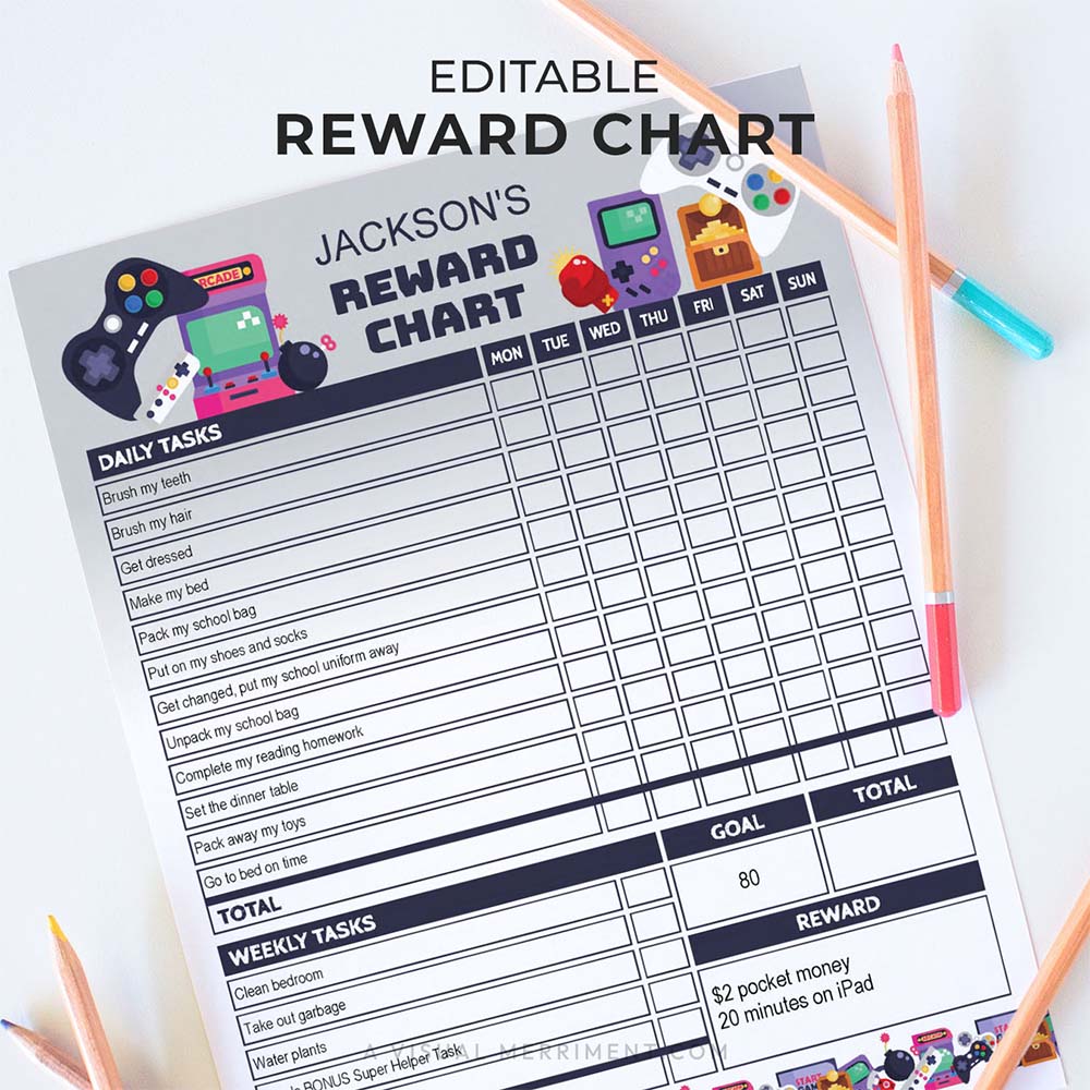 retro gamer editable printable reward chart for children with pencils