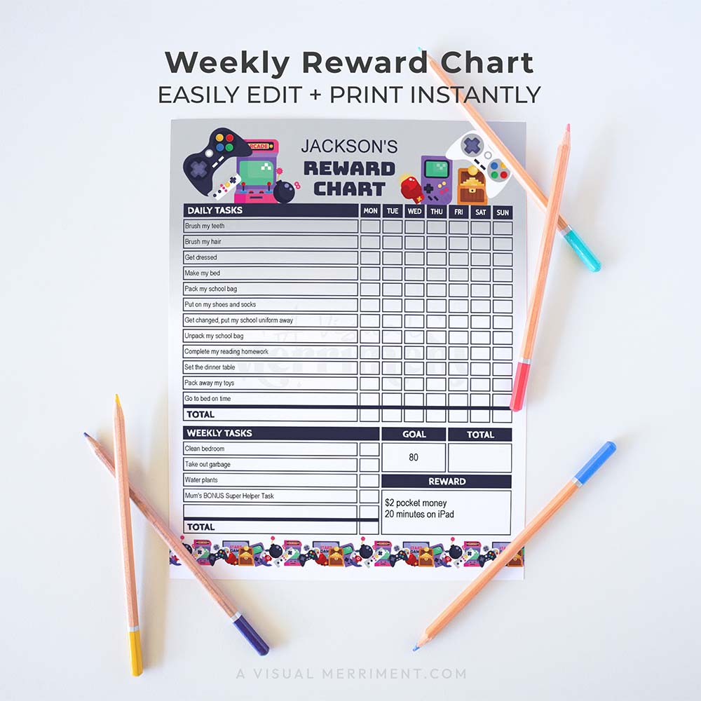 editable printable weekly reward chart for kids in retro arcade gamer design