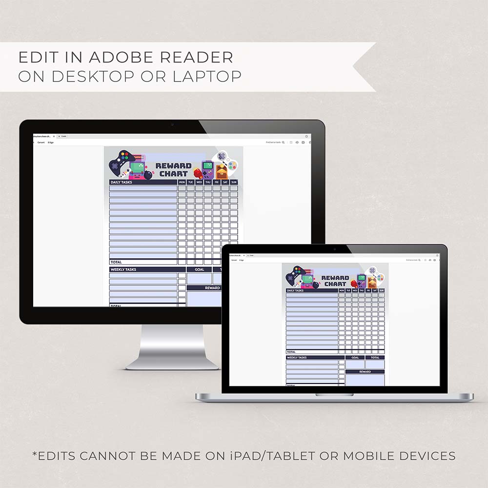 retro arcade gamer editable reward chart templates on computer and laptop screens
