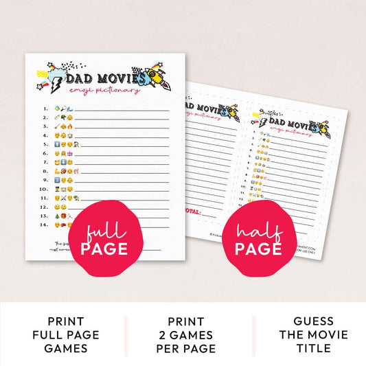 dad movies emoji pictionary game pages with features