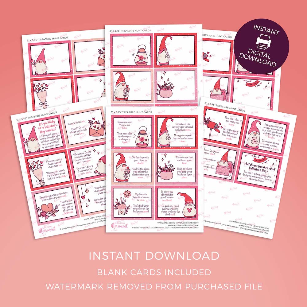 pages with whats include in gnome valentines day scavenger hunt clue cards