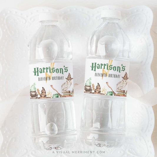 2 bottles with harry potter inspired party custom water bottle labels on white plate