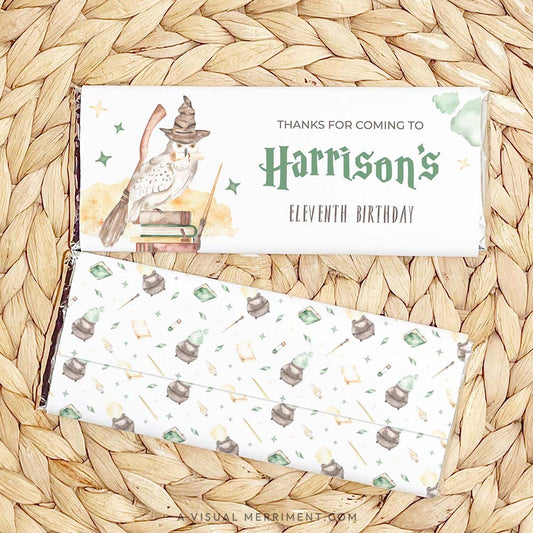 harry potter themed chocolate wrappers with magical elements of potions, owl, broom and more