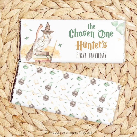 Chosen one first birthday harry potter themed chocolate wrappers with potions, owl, wand and more