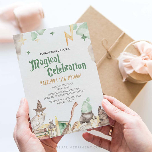 hands holding wizard school invitation in a harry potter theme with magical elements