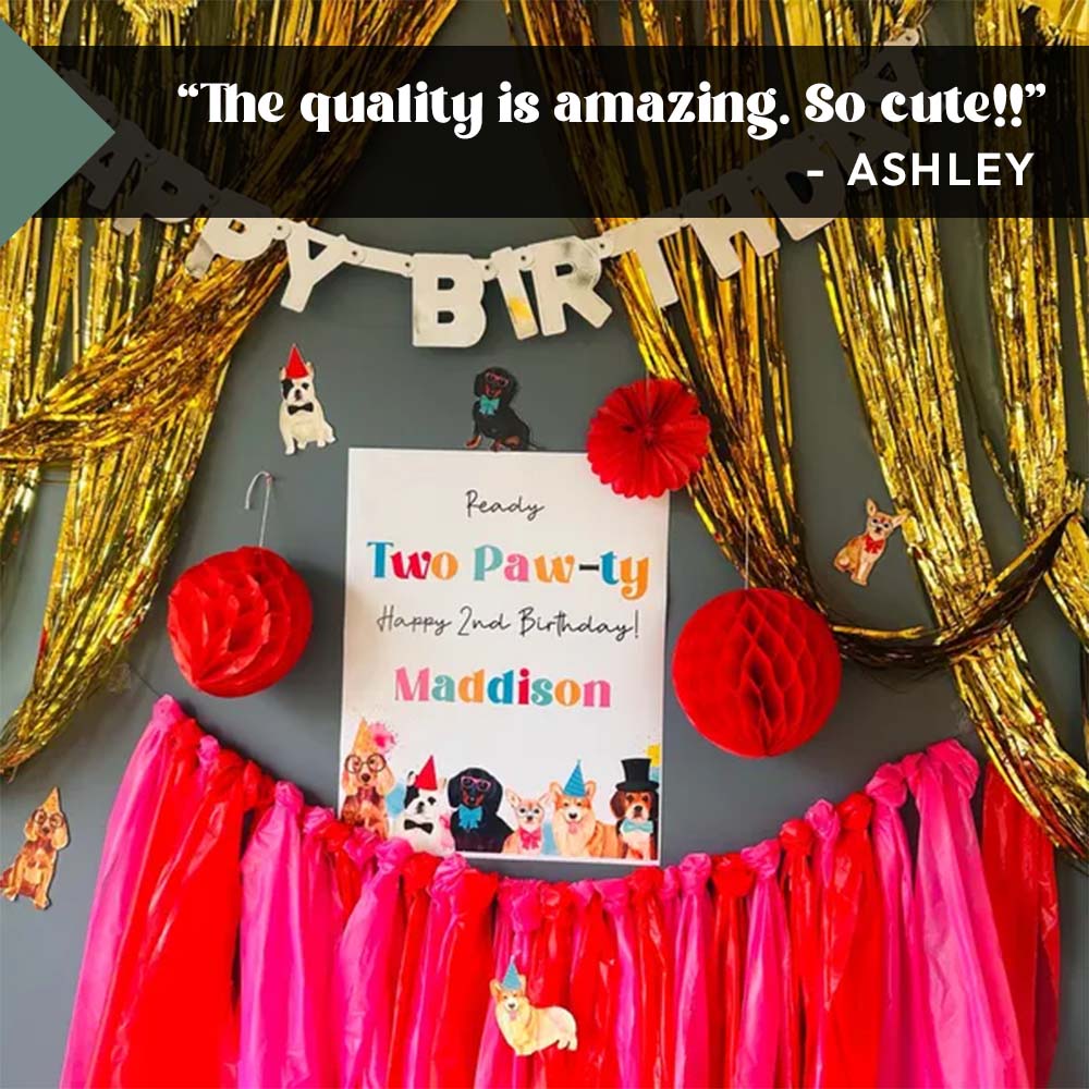 customer review graphic of pawty dogs printable party decor with birthday decorations