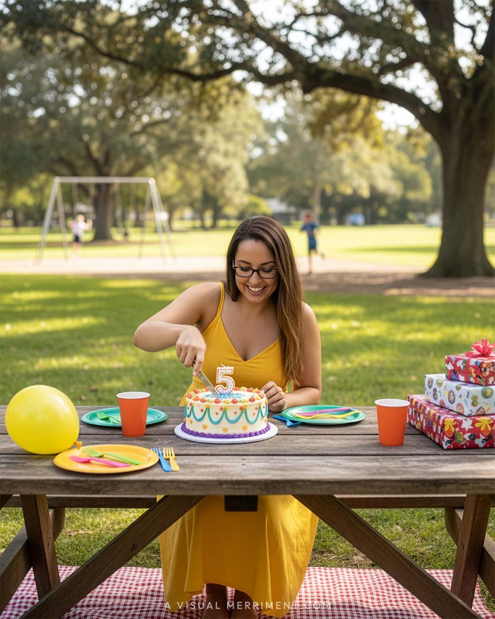 party planner lauren in yellow dress cutting cake