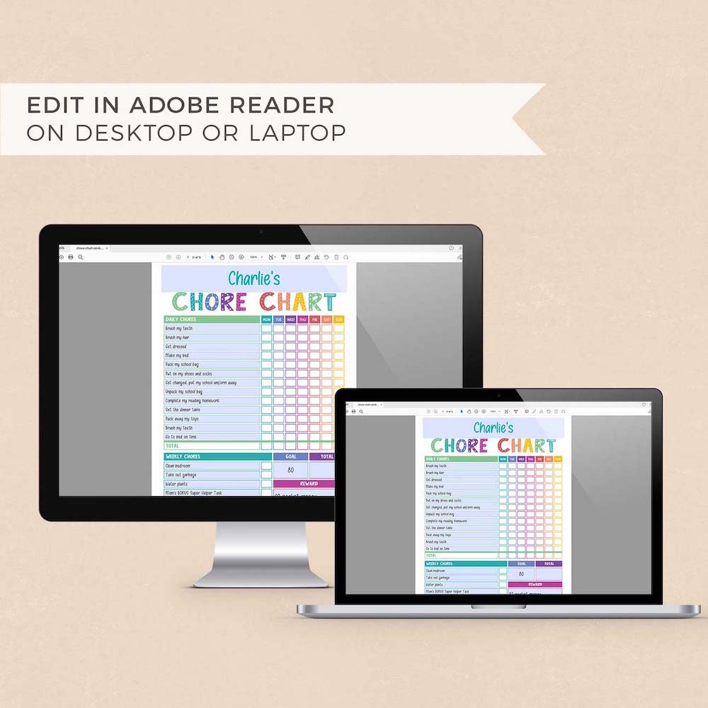 Editing rainbow editable chore chart PDF on computer and laptop screens