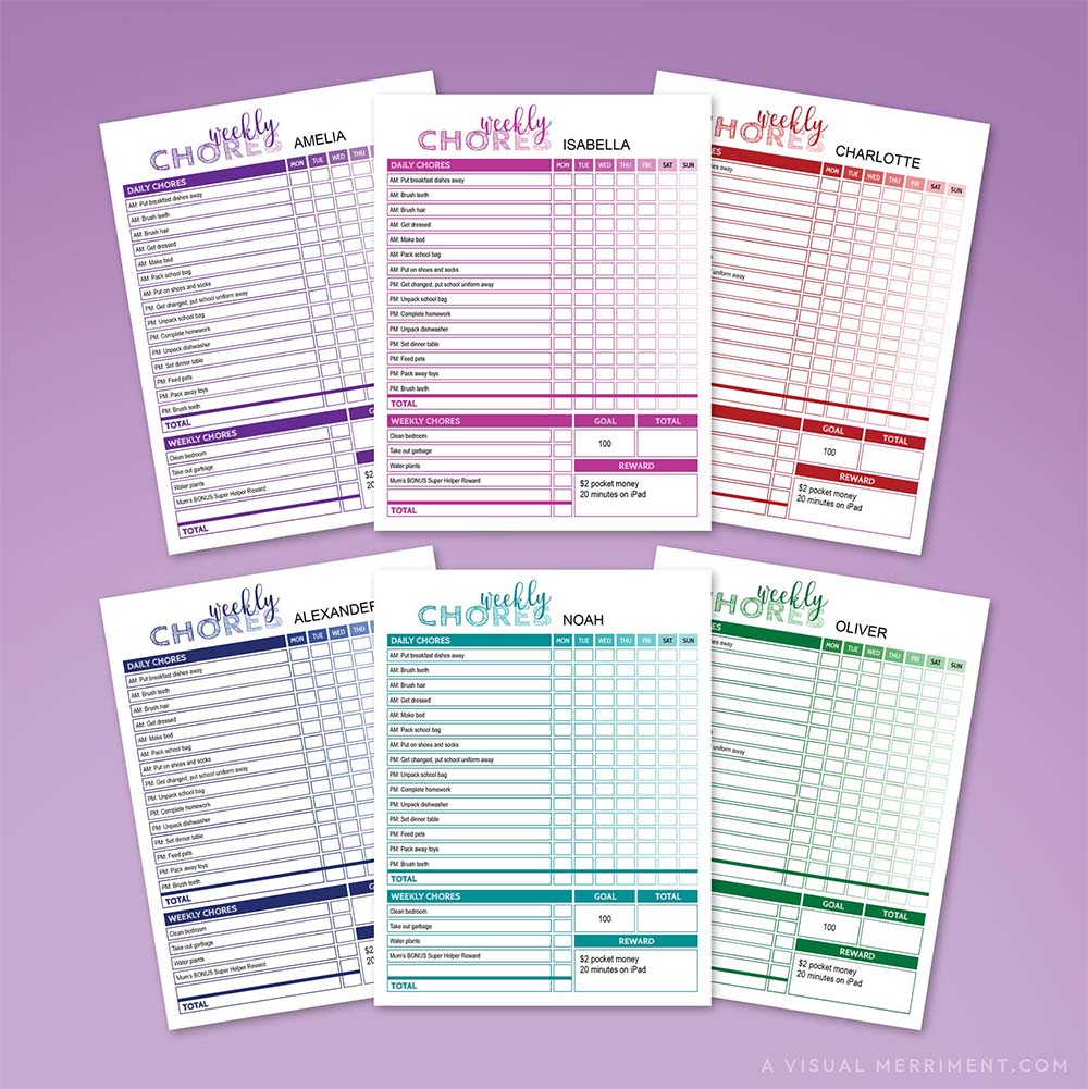 color-coded editable weekly chore chart PDF pages fanned in 6 colors