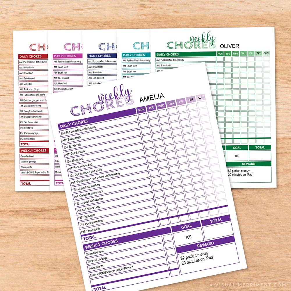 set of 6 color-coded editable weekly chore chart PDFs bundle