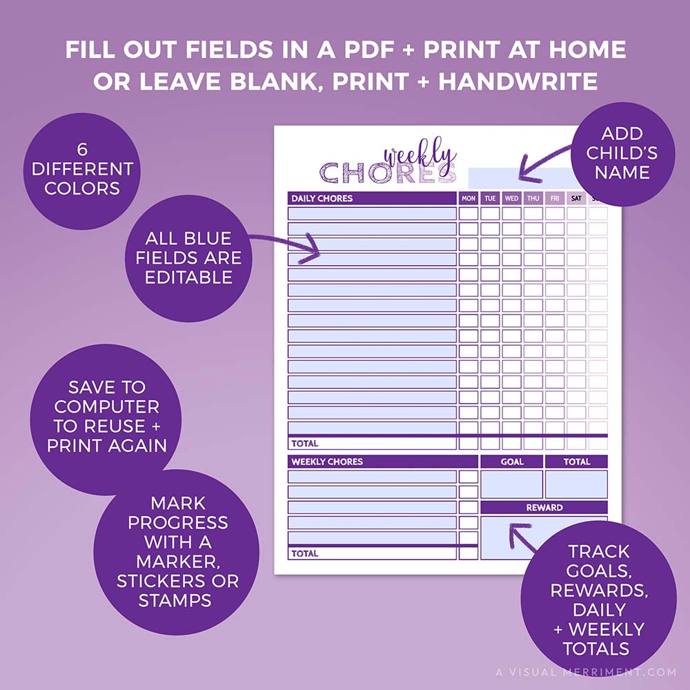 how to edit color-coded editable weekly chore chart PDF page