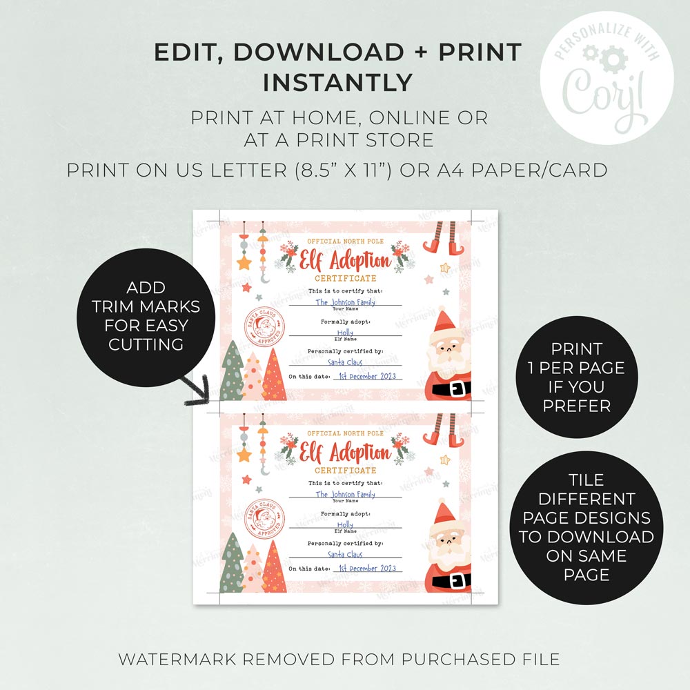 2 printed pages of girl christmas elf adoption certificate with features