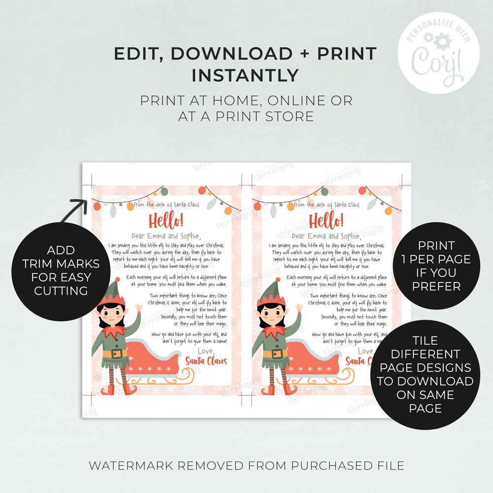 2 printed first arrival girl christmas elf letters with instructions