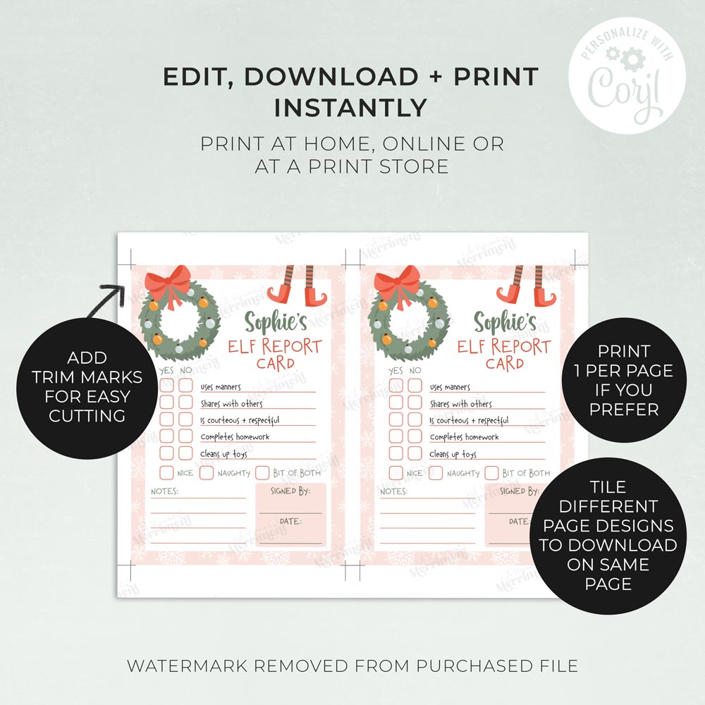 2 printed girl christmas elf report cards with editing instructions