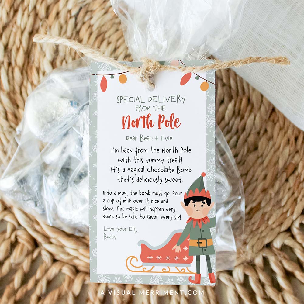 Printable elf on the shelf hot chocolate bomb gift tag on bag of treats